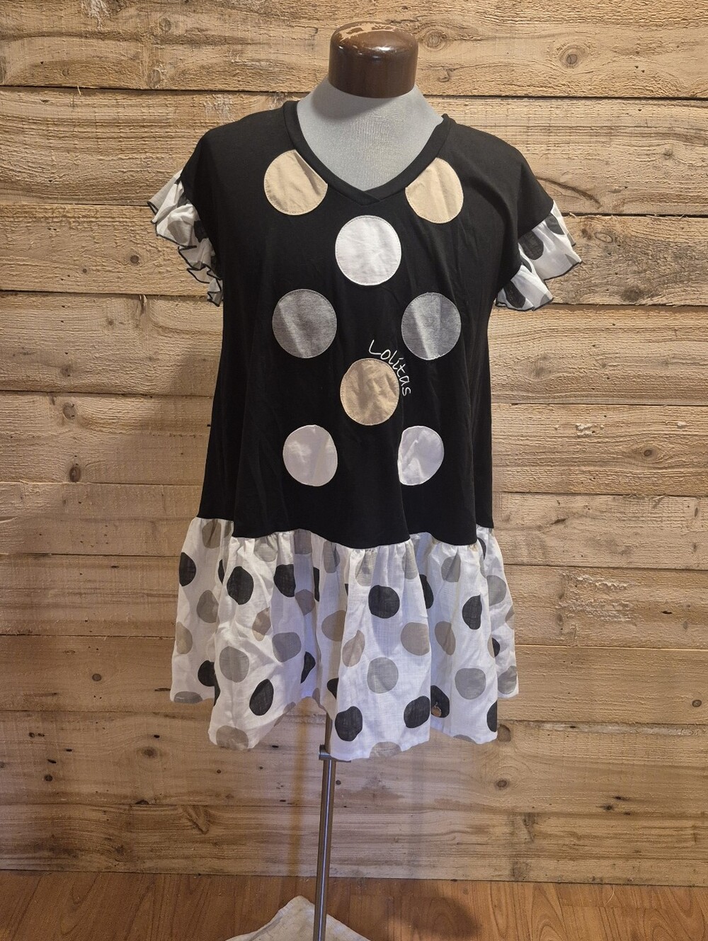 5/$50. Lolita Black, White & Cream Polka Dot Short Sleeve Tunic